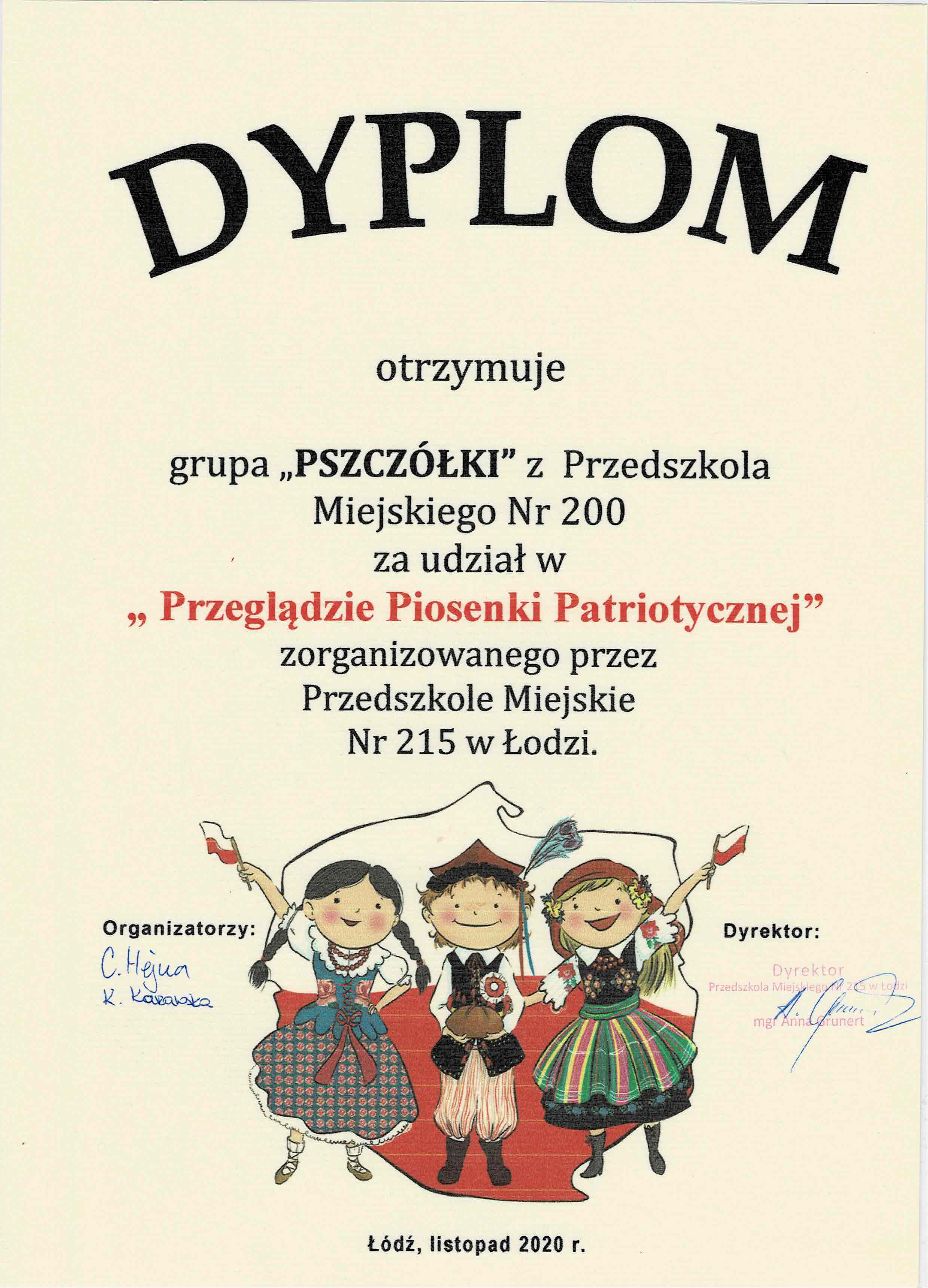 Dyplom w przeglądzie piosenki patriotycznej dla grupy Pszczółki